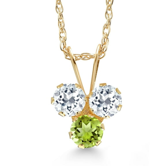 Gem Stone King 14K Yellow Gold White Topaz and Green Peridot 3-Stone Pendant Necklace for Women (0.40 Cttw, Gemstone November Birthstone, Round 3MM, 18 inch Chain)