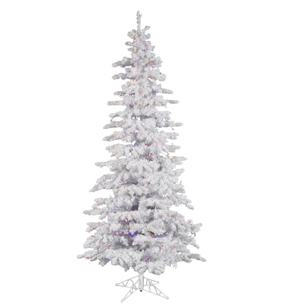 Vickerman 7.5 Flocked White Slim Artificial Christmas Tree Multi-Colored LED Lights