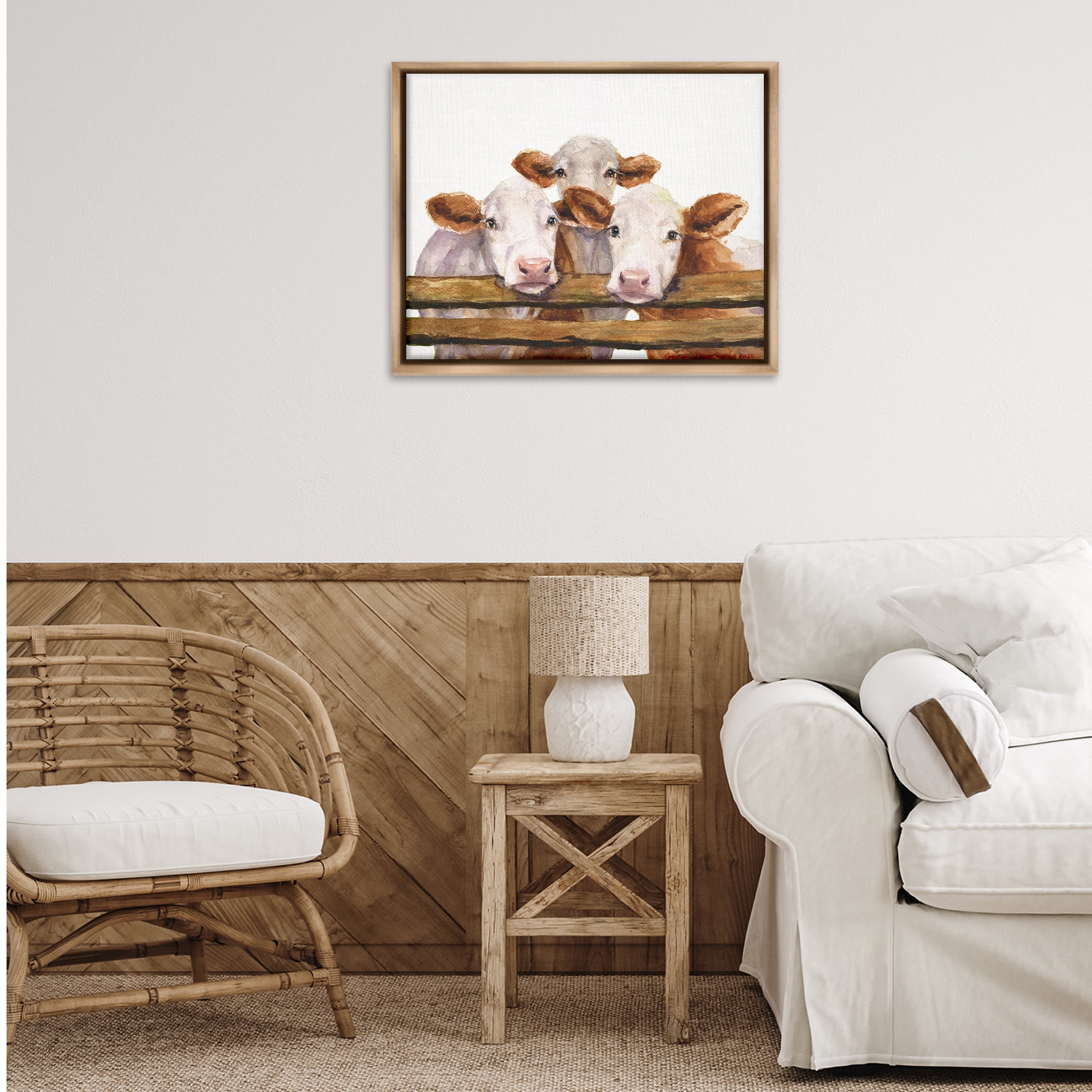 Stupell Industries Three Cow Friends Animals Painting Brown Floater Framed Canvas Art Print Wall Art, 31 x 25