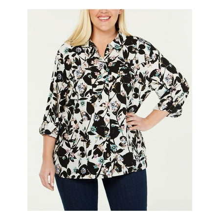TOMMY HILFIGER Womens White Floral Long Sleeve Button Up Top Plus Size: 3X
