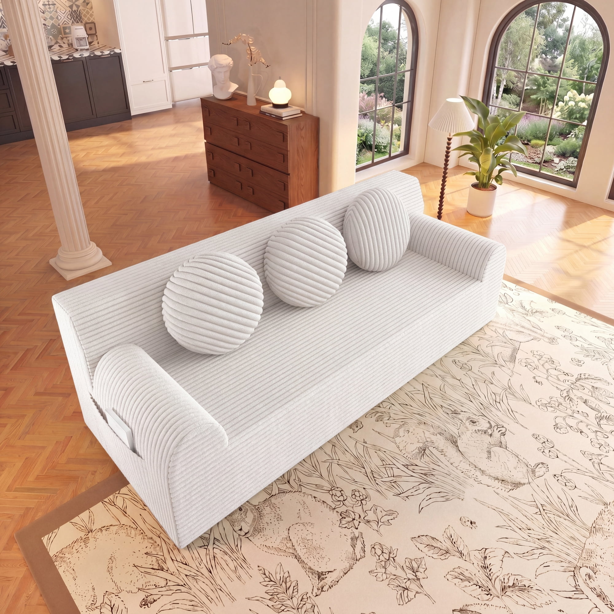 HOQBN Boneless Sofa Couch for Living Room,71" 3 Seater Sofa with Deep Seat Design and 3 Round Pillows,Comfy Corduroy Fabric Loveseat Couch,No Assembly,Cream White