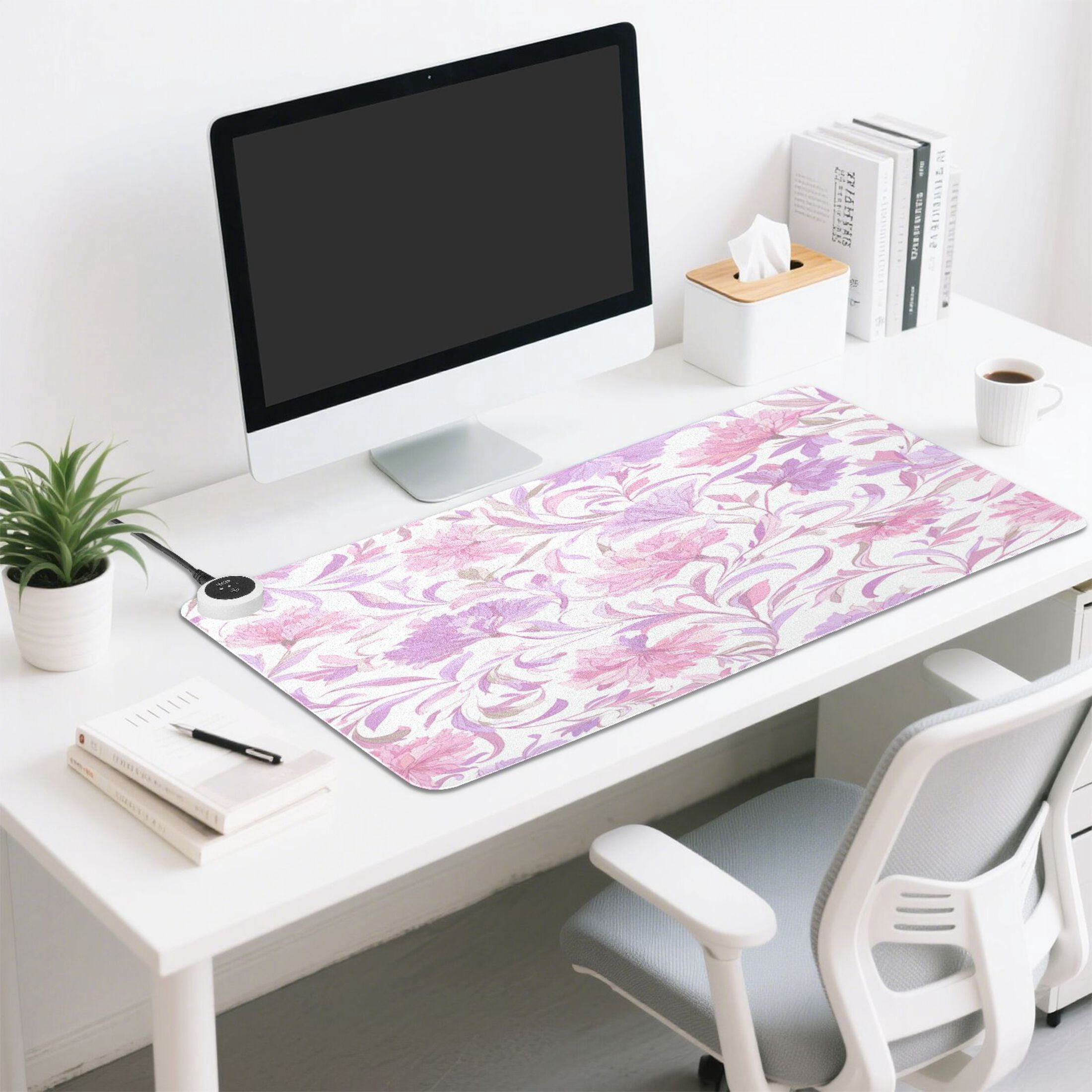 Large Heated Desk Mat Mouse Pad 31.5"x13"PU Leather Graphene Heating Desk Warmer with 3 Temperature Settings 110V US Plug Non-Slip Warm Pad for Home, Office, and Gaming Pink Colors Whimsical Flowers