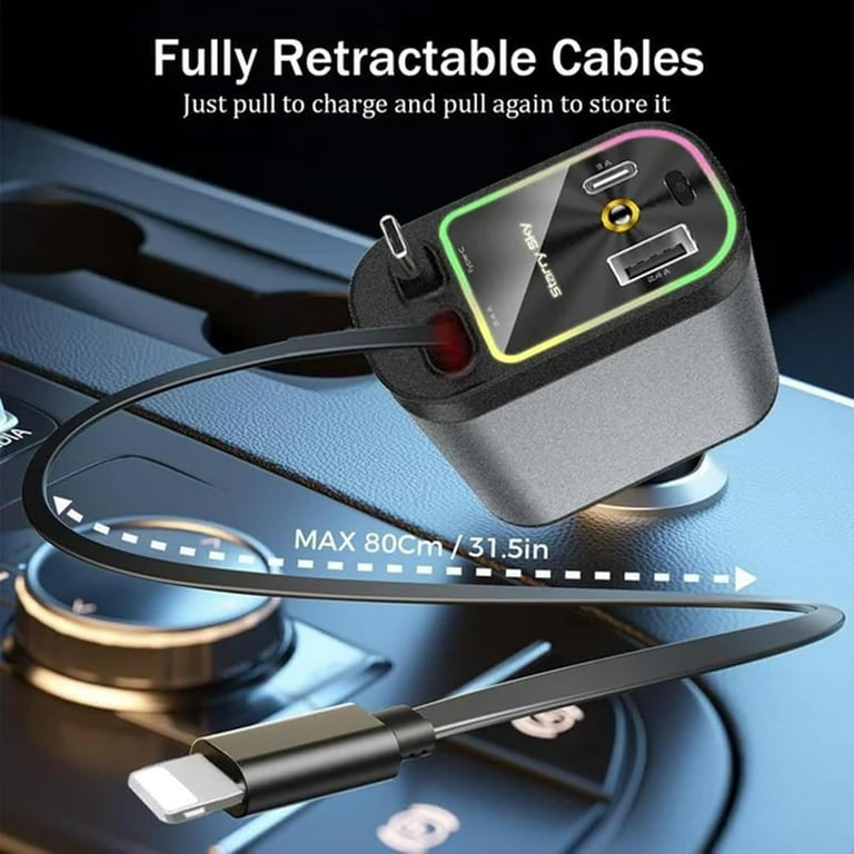 Starlight Caricabatterie Da Auto 66W USB C 4 In 1 Retrattile - Con Cavi Integrati Per IPhone E Android, Spina Regolabile 180° - 2