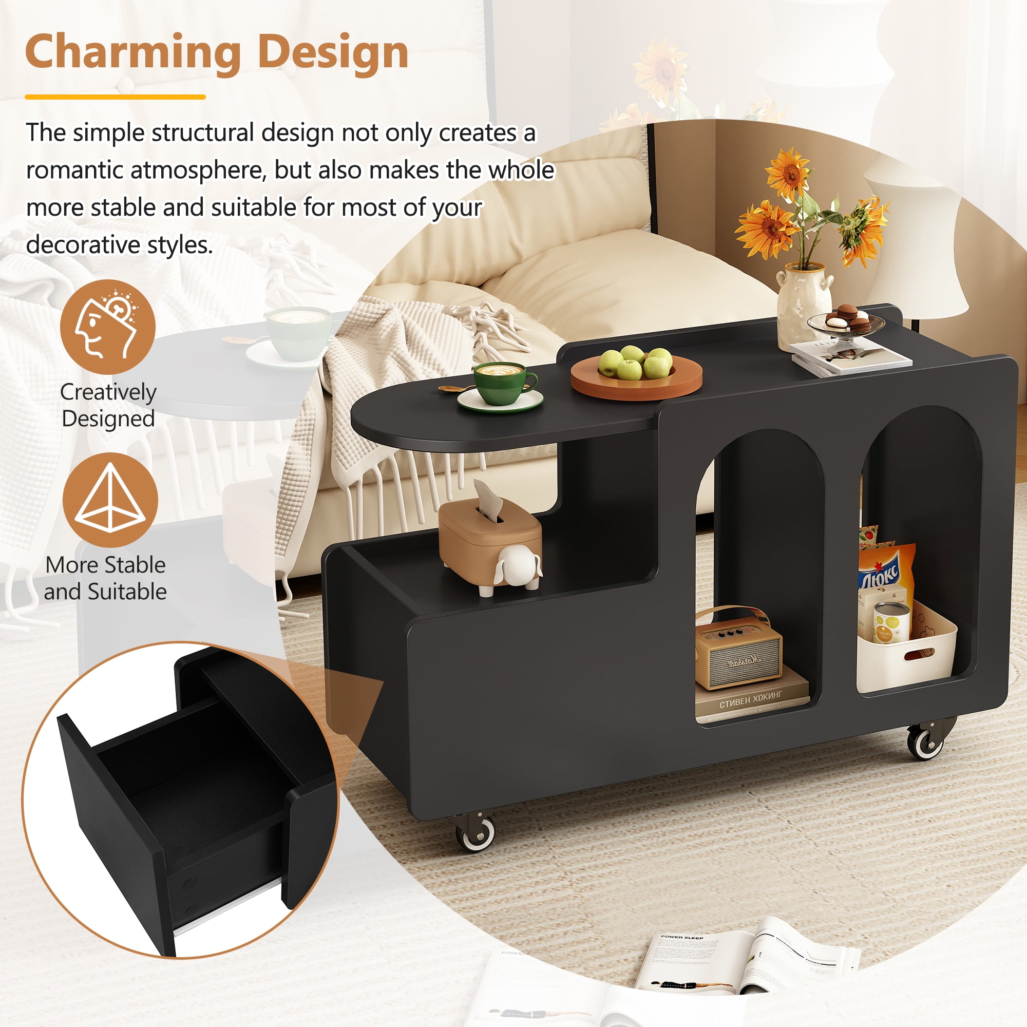 MAYEERTY Mobile End Table with Lockable wheels, Side Table, Narrow Nightstand with Multi-layer Storage, Black
