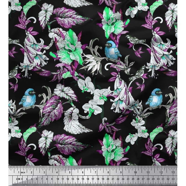 Soimoi Green Polyester Crepe Fabric Bird,Leaves & Orchids Flower Decor Fabric Printed BTY 52 Inch Wide