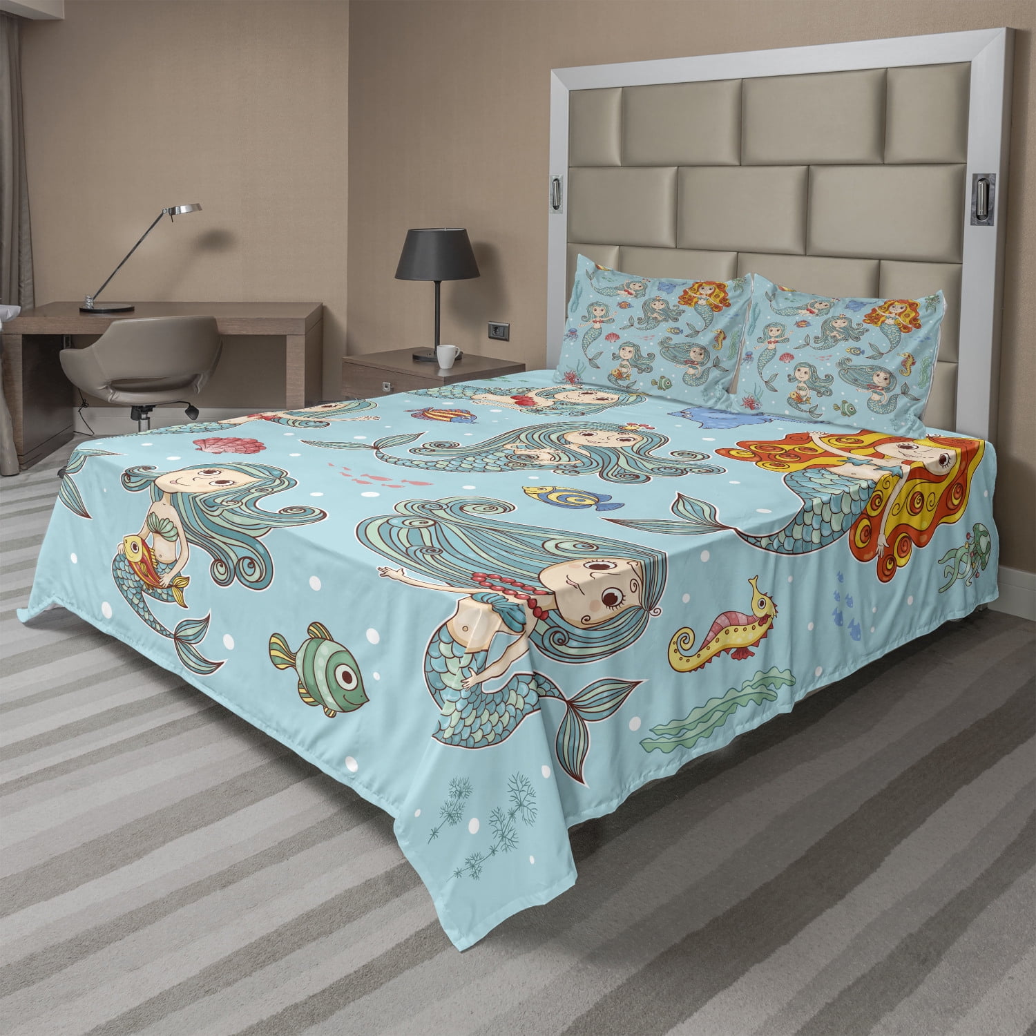 Mermaid Sheet Set, Composition Girls Different Types of Sea Creatures  Marine Themed Print, Fitted and Flat Sheet with Pillowcases Bedding Accent  4 