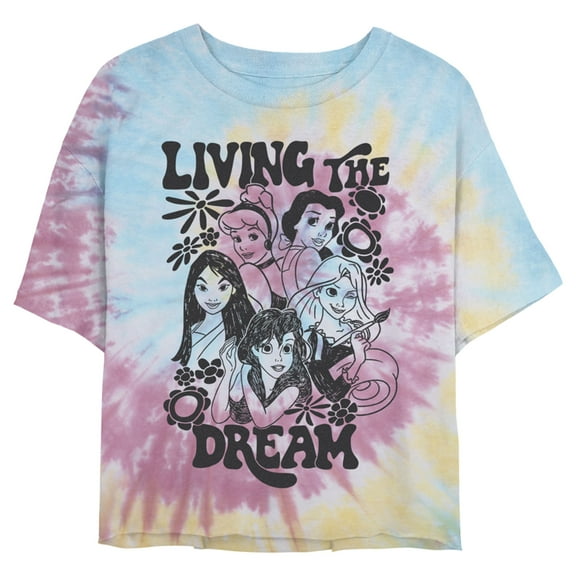 Juniors' Disney Black and White Princesses Living the Dream Cropped T-Shirt Blue/Pink/Light Yellow X Large