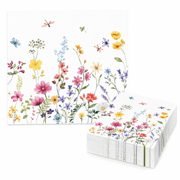 100 Pcs Wildflower Napkins, 6.5x6.5 Inch Floral Paper Napkins, Decorative Disposable Party Napkins, Multicolor Flower Napkins For Spring Birthday Wedding Shower & Tea Party Decorations