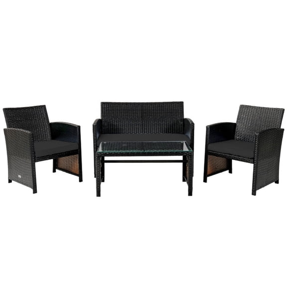 Furnibear 4 Piece Patio Furniture Set Outdoor Wicker Conversation Set with Cushioned Loveseat Chairs and Glass Coffee Table for Backyard, Black