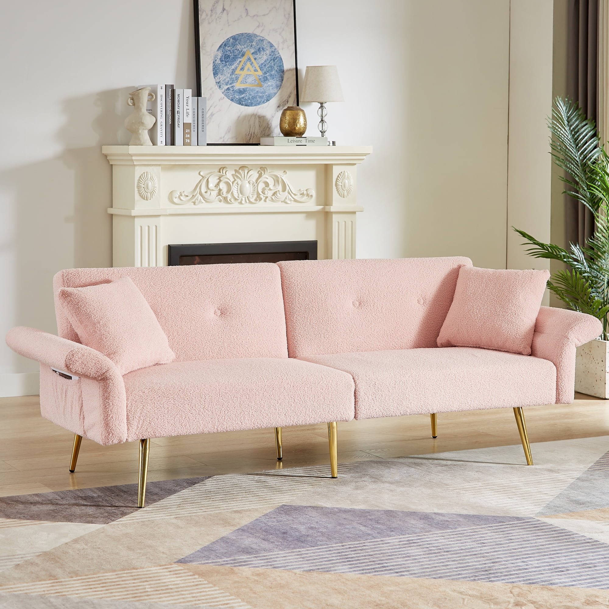 Jopath 80" Futon Sofa Bed,Teddy Upholstered Convertible Loveseat Sleeper Sofa Couch with Foldable Armrest,Adjustable Backrest and Golden Metal Legs for Living Room,Pink