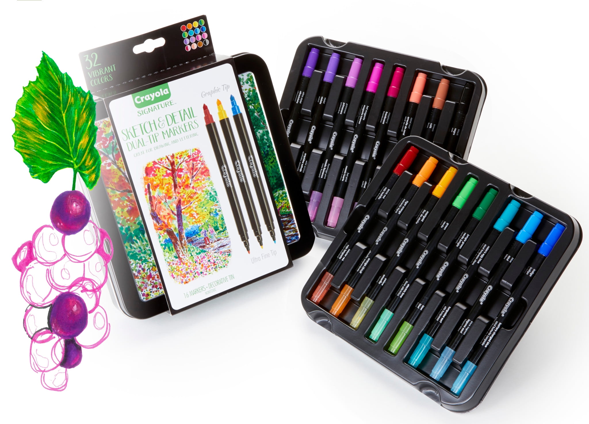Crayola 16 Count Signature Sketch & Detail Dual-Tip Markers with Decorative Tin
