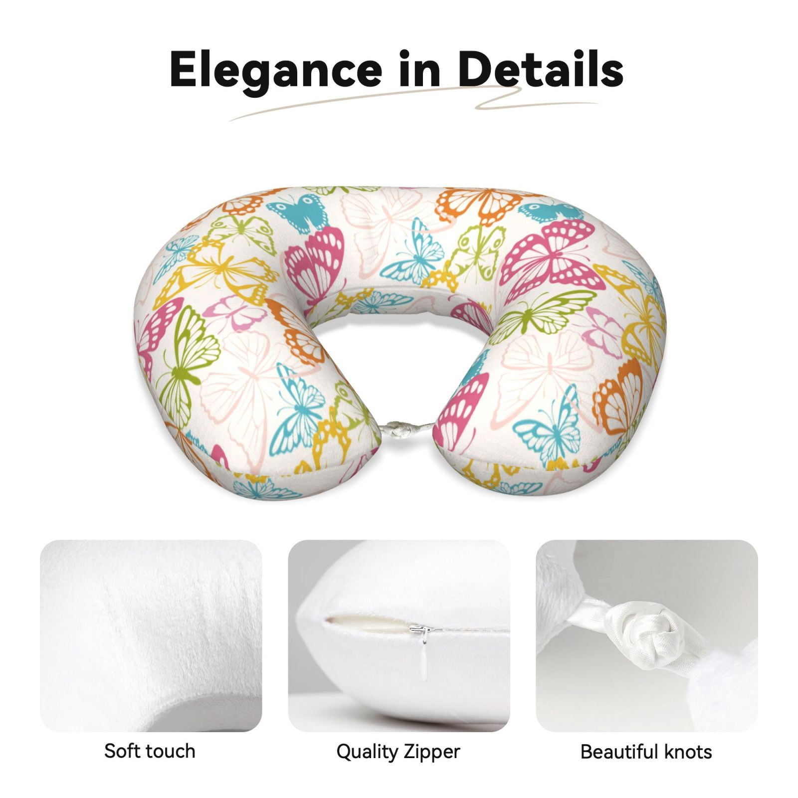 Xecao Retro Colorful Butterfly Print Memory Foam Cervical Neck Pillow Versatile U-Shaped Pillows for Home,Office,Camping,Travelling,Soft Washable Cover