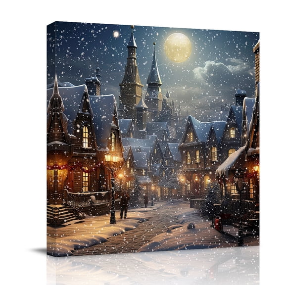 Canvas Wall Art, Christmas Town, Framed Canvas Prints for Bedroom Office, Winter Snow Old World Vintage House Large Gallery Wrapped Wall Decor for Home Office, Gifts, 16"x16" Ship Next Day