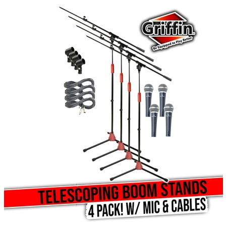 Griffin Microphone Stand with Telescoping Boom Arm, 20 Ft XLR Cable Handheld Dynamic Mic & Clip (Pack of 4) - Pro-Audio Cardioid Singing Microphones for Studio Recording & Live Stage Performance