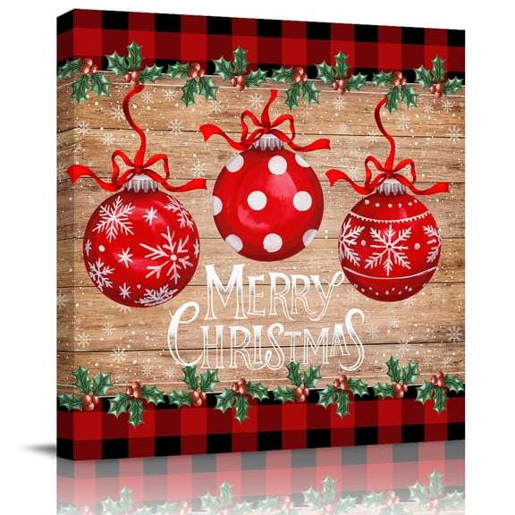 Wall Art Prints, Christmas Framed Canvas Prints for Bedroom Living Room Bathroom Office, Xmas Balls Snowflakes Trees Red Plaid Wooden Gallery Wrap Wall Art Poster for Gifts Home Decor 12"x12"