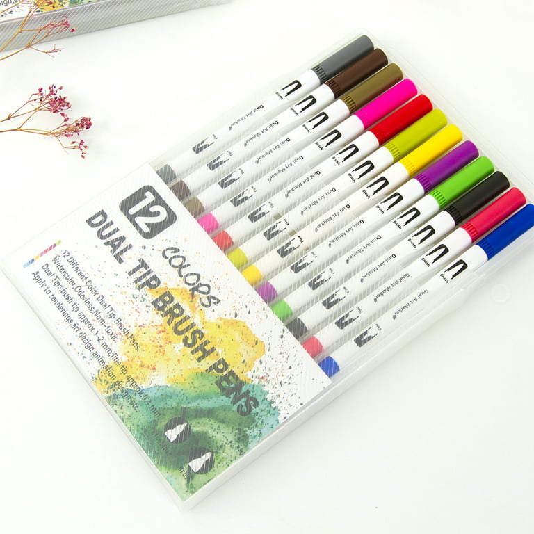12 Colors Dual Brush Pens Art Markers Set Flexible Brush & 0.4mm