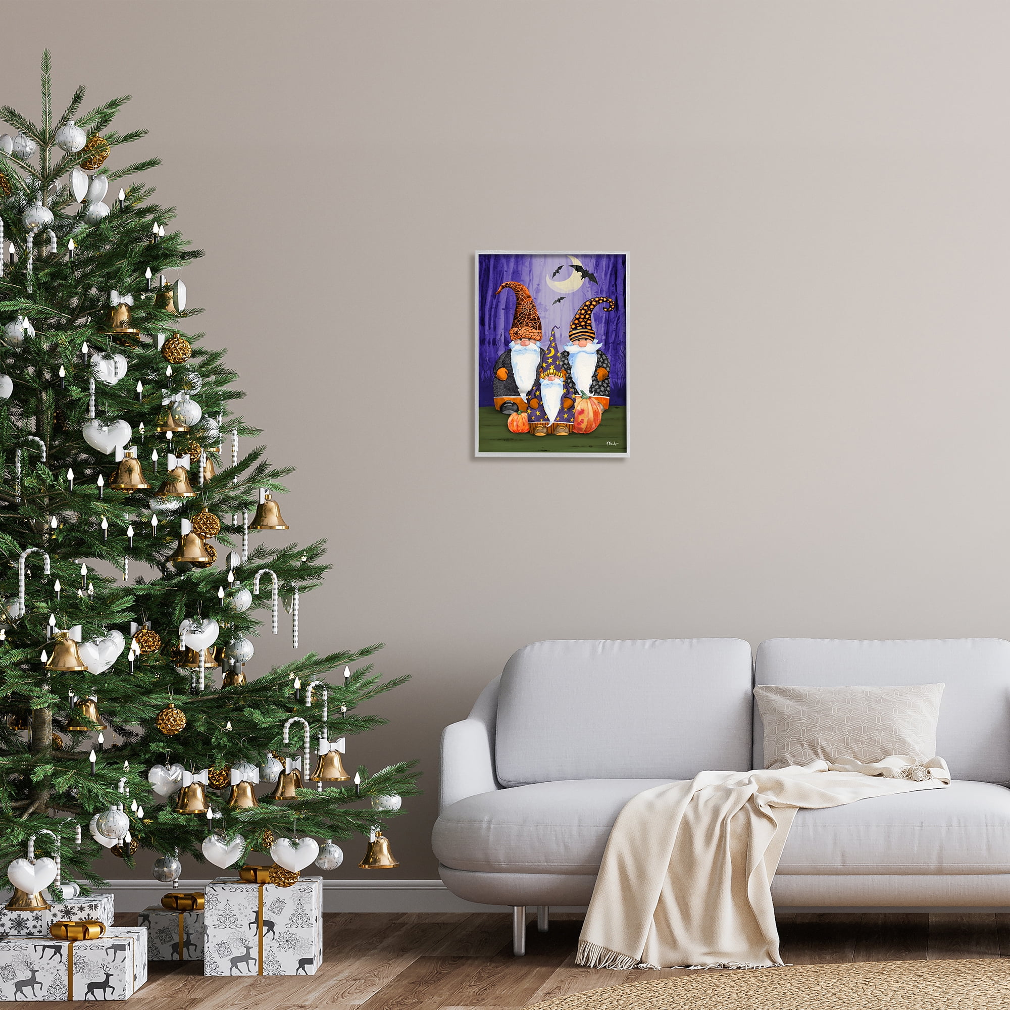 Stupell Industries Three Halloween Gnomes Holiday Painting Gray Framed Art Print Wall Art, 16 x 20