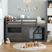 Loft Bed Low Study Twin Size Loft Bed With Storage Steps and Portable Desk Gray