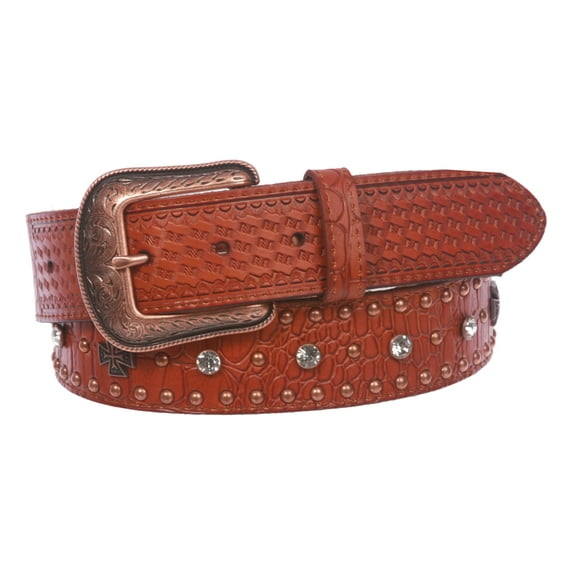 Snap On Western Faux Crocodile Print Embossed Cross Rhinestone Studded Leather Belt