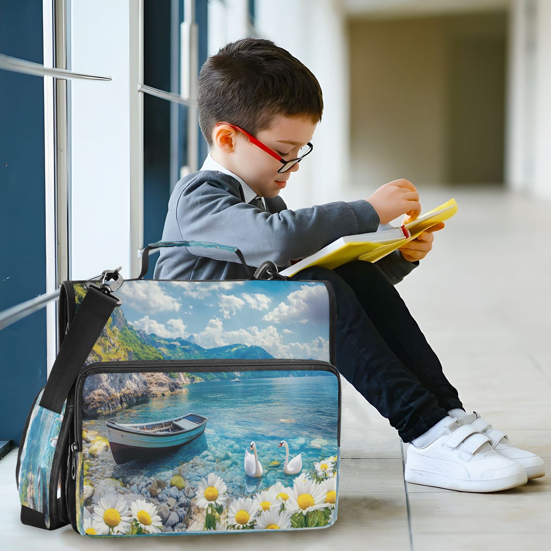 YAZAOO Zipper Binder trapper keeper Documents Organized Design Boat Swans Daisies and Mountains Printed
