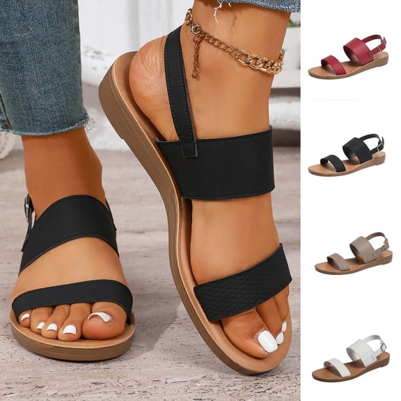 YLOMAY Comfortable Sandals for Women Ankle Strap Dressy Casual Flat Sandals Open Toe Elastic Strappy Walking Shoes for Summer Beach Party Black 5.5