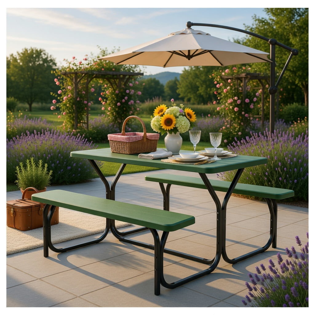 Hommoo Heavy-Duty Outdoor Picnic Table & Bench Set, HDPE Wood-Grain Finish, All-Weather Backyard Patio Furniture, Black