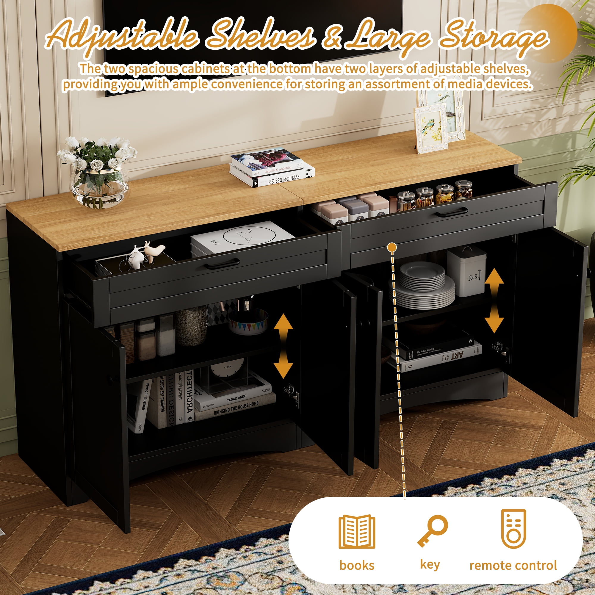 Harper & Bright Designs 3-Piece Wooden TV Stand Set with Bookshelf for 70 inch TV, TV Storage Cabinet with Adjustable Shelves, Mid-Century Entertainment Center Console Table for Living Room, Black