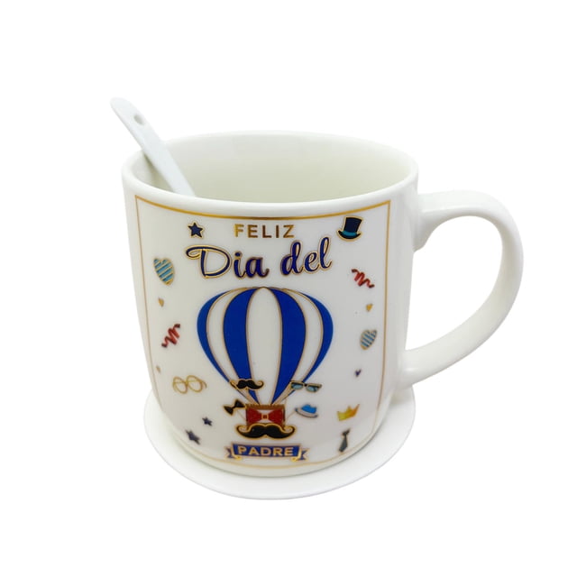 Taza Cerámica Feliz Día del Padre Cuchara y Tapa Caja Regalo azul GLOBOS