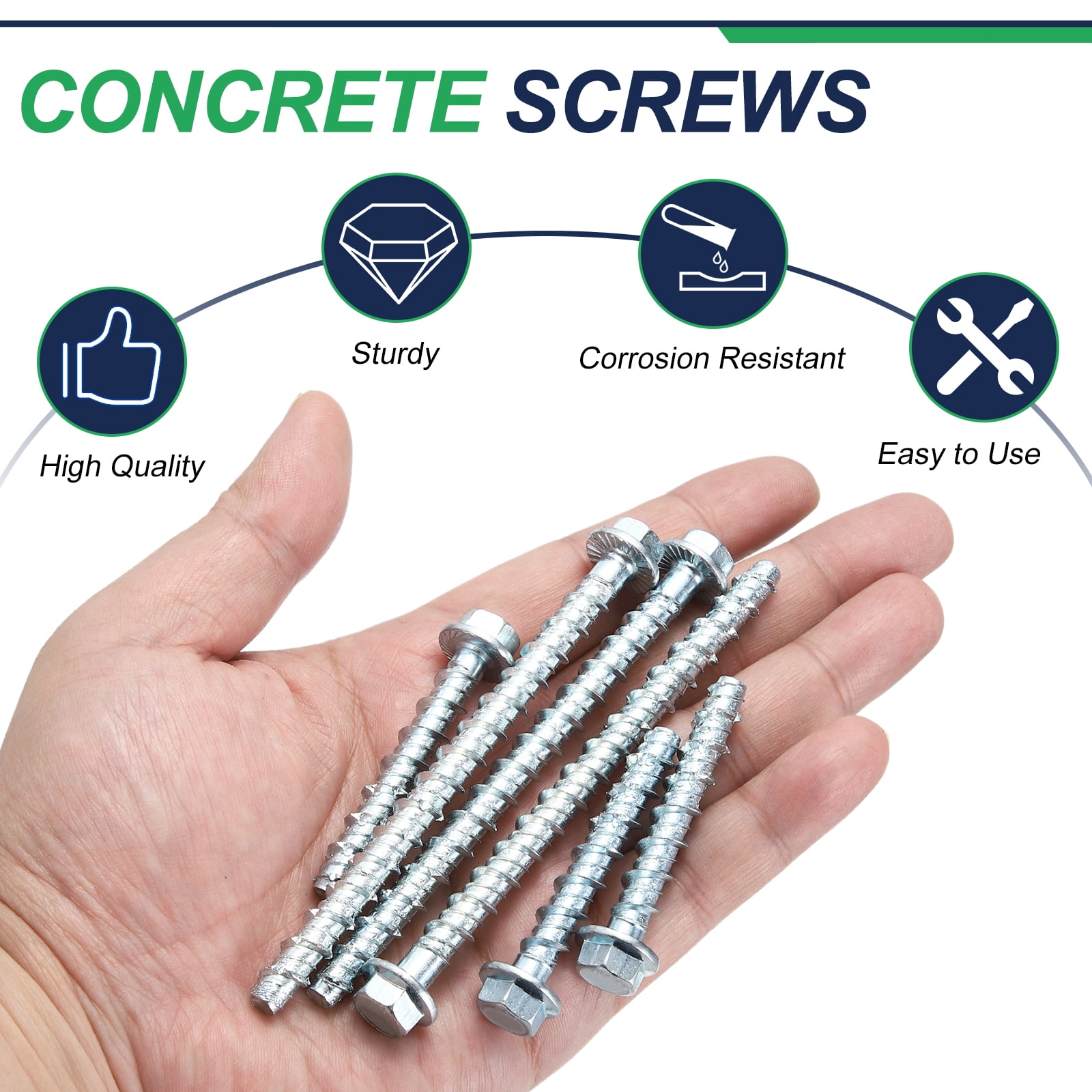Uxcell 10 Set Concrete Screws and Impact Socket, 1/4"x4" Galvanized Hexagonal Flange Concrete Self-Tapping Screw with Impact Socket for Concrete Brick Block Stucco Wall, Blue White