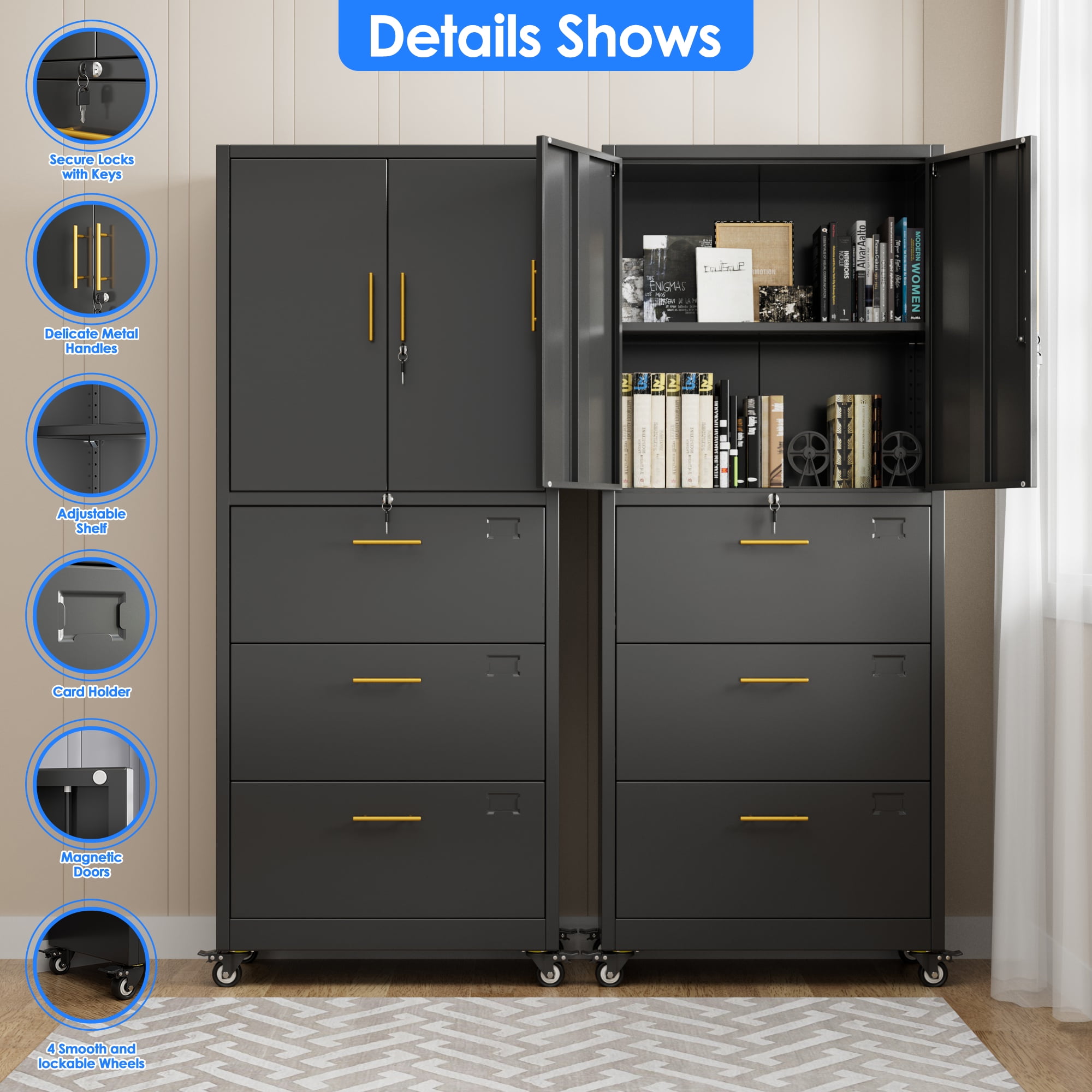 Gangmei 3 Drawer Metal Lateral File Cabinet with Lock & Wheels, Large Capacity File Storage Cabinet for Letter/Legal A4 Size, Wide File Cabinet for Office Home, Assembly Required