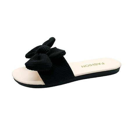 

ZTTD Women s Flat Bottom Fashion Casual Large Knitted Fabric Bow Roman Sandals Black