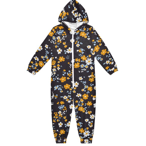 Yellow Floral Boys & Girls Hooded One-Piece Pajamas Warm Crystal velvet Hooded Long Sleeve Loungewear Jumpsuit Unisex
