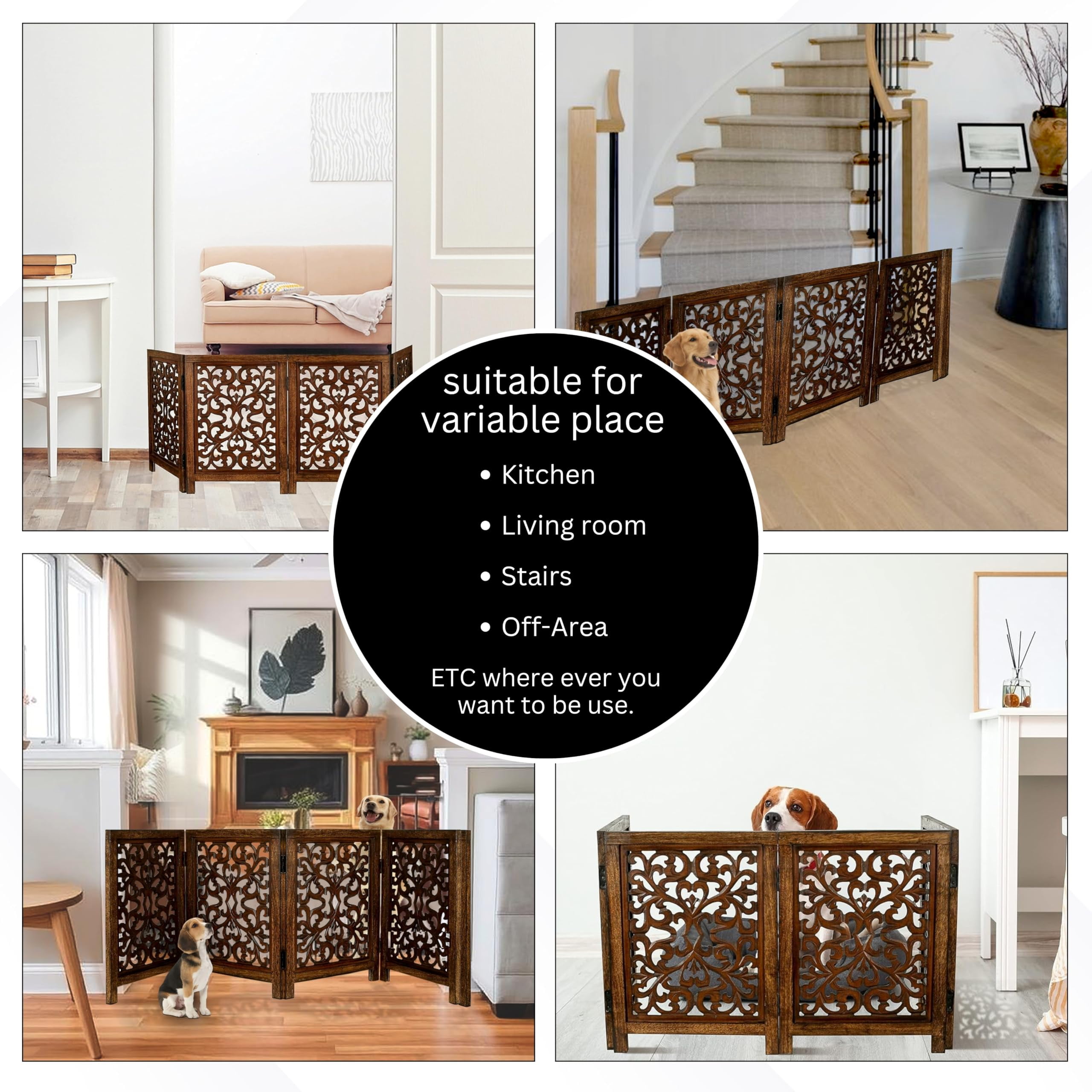 Free Standing Dog Gate – 4 Panel Foldable Wooden pet gate Indoor 72" W x 24" H, Hand-Carved Solid Wood & MDF, Portable Indoor Gate for Doorways, Halls, Stairs – Fully Assembled - Antique Brown