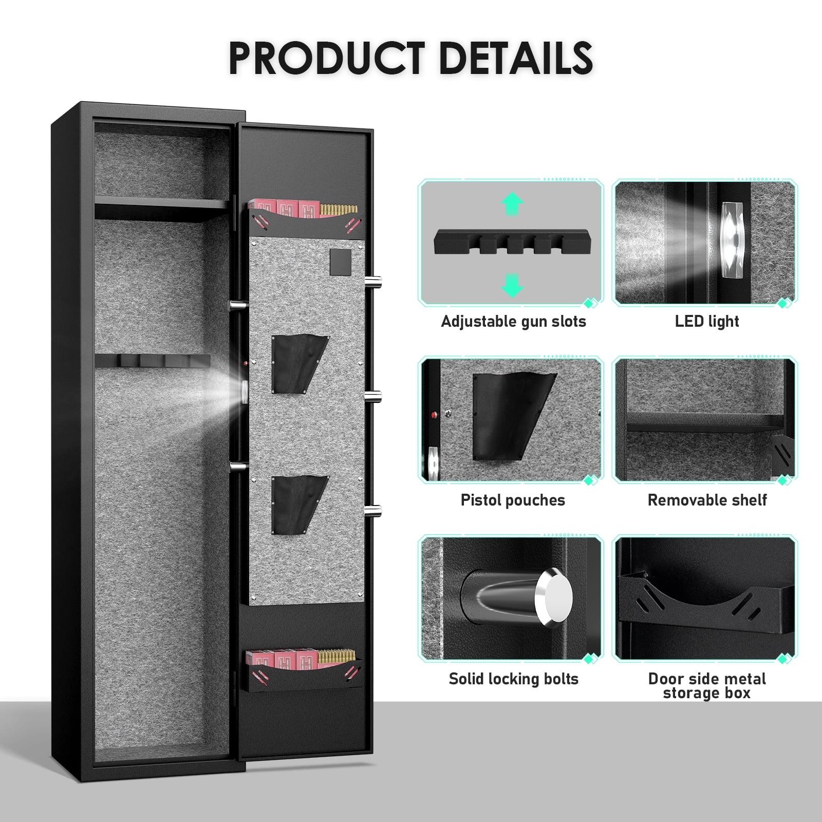 2 Gun Safe for Pistols, Quick Access Gun Safe with Silent Mode and Alarm System, Gun Cabinet with Removable Shelf and Adjustable Gun Slots