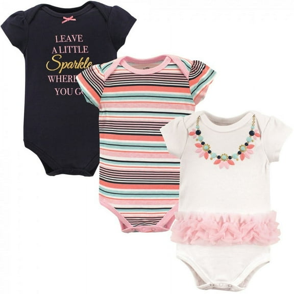 Little Treasure Baby Girl Cotton Bodysuits 3pk, Sparkle Necklace, 0-3 Months