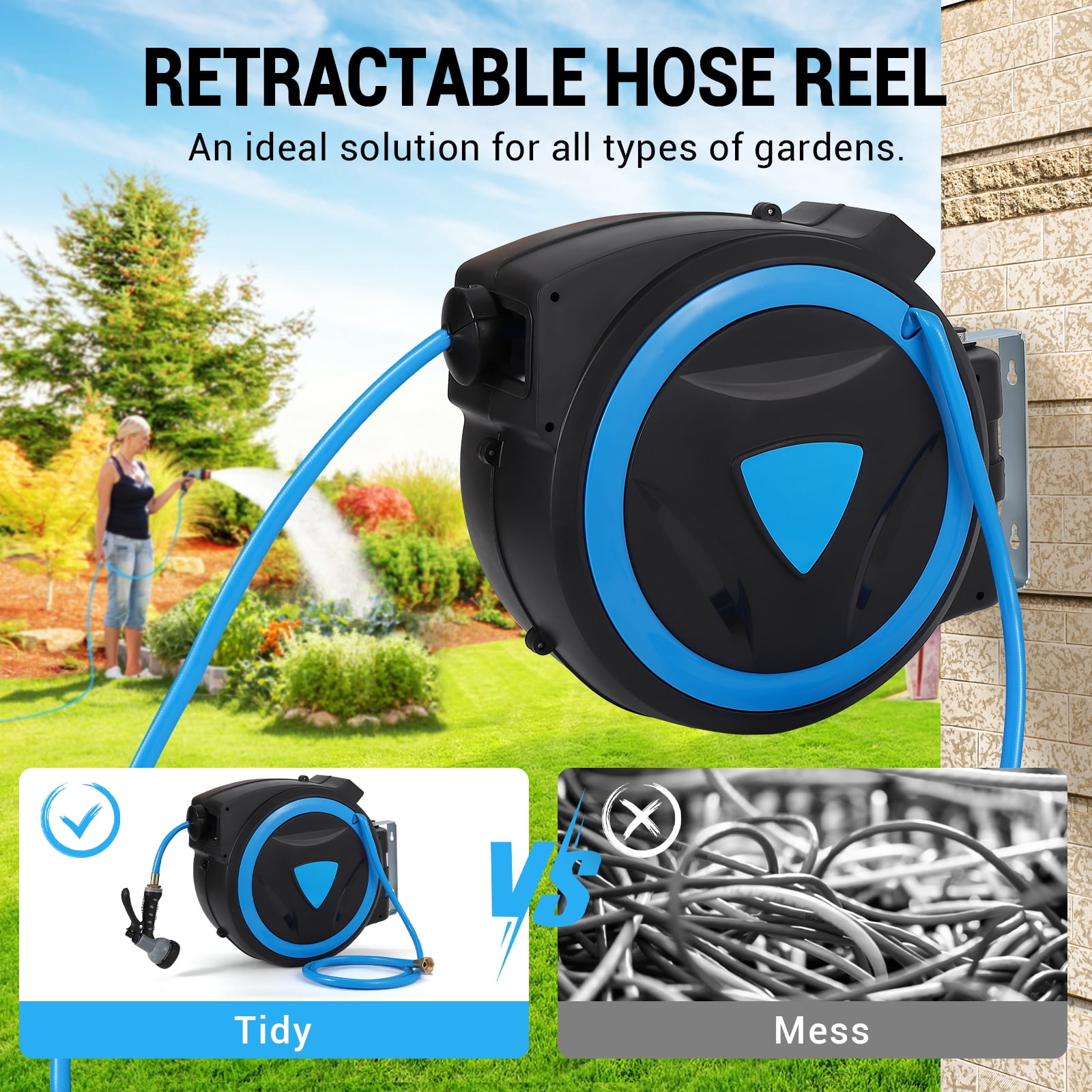 Mescukay Retractable Garden Hose Reel - 1/2 inch x 65 Ft Wall Mounted, 9-Function Nozzle, Any Length Lock, Slow Return, 180° Swivel Bracket