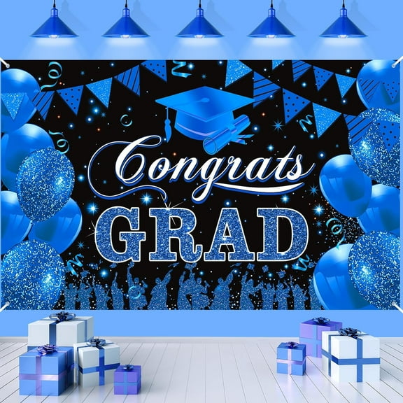 Blue Black Graduation Party Decorations Banner, Large Blue Congrats Grad Sign Banner Class of 2024 Graduation Backdrop Banner for High School College Graduation Party Supplies