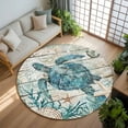 thumbnail image 3 of 5ft Round Rug, Teal Sea Turtle Coastal Non-Skid Rubber Backing Large Area Rugs - Living Room Bedroom Home Office, Summer Beach Nautical Starfish Retro Indoor Floor Mat Carpets Washable Rug, 3 of 9