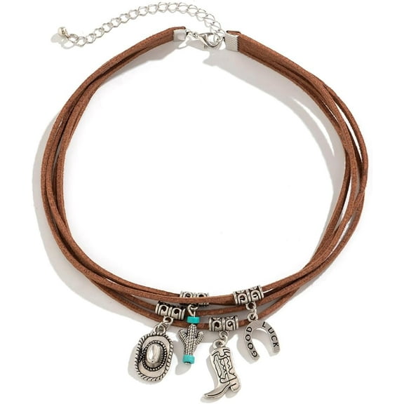 Layered Boho Western Choker Necklace for Women Turquoise Trendy Leather Cowboy Boot Hat Pendant Necklace Silver Necklace Jewelry Gift