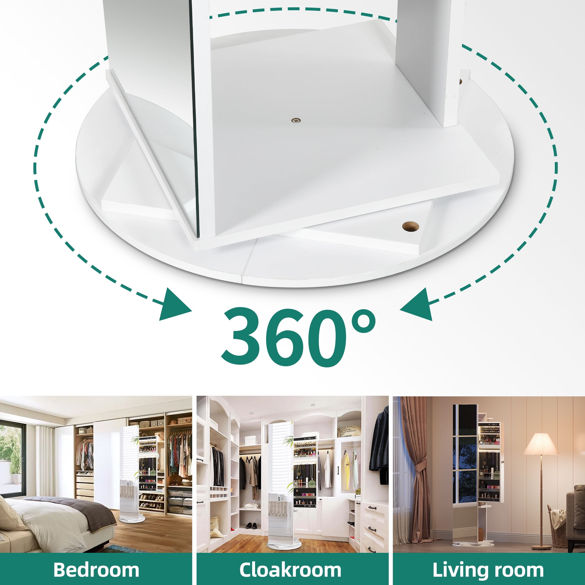 Dextrus 360° Swivel Side Opening Jewelry Armoire with Full Length Mirror, Jewelry Organizer Armoire, Floor Standing Lockable Jewelry Armoire, Rear Storage Shelf, White