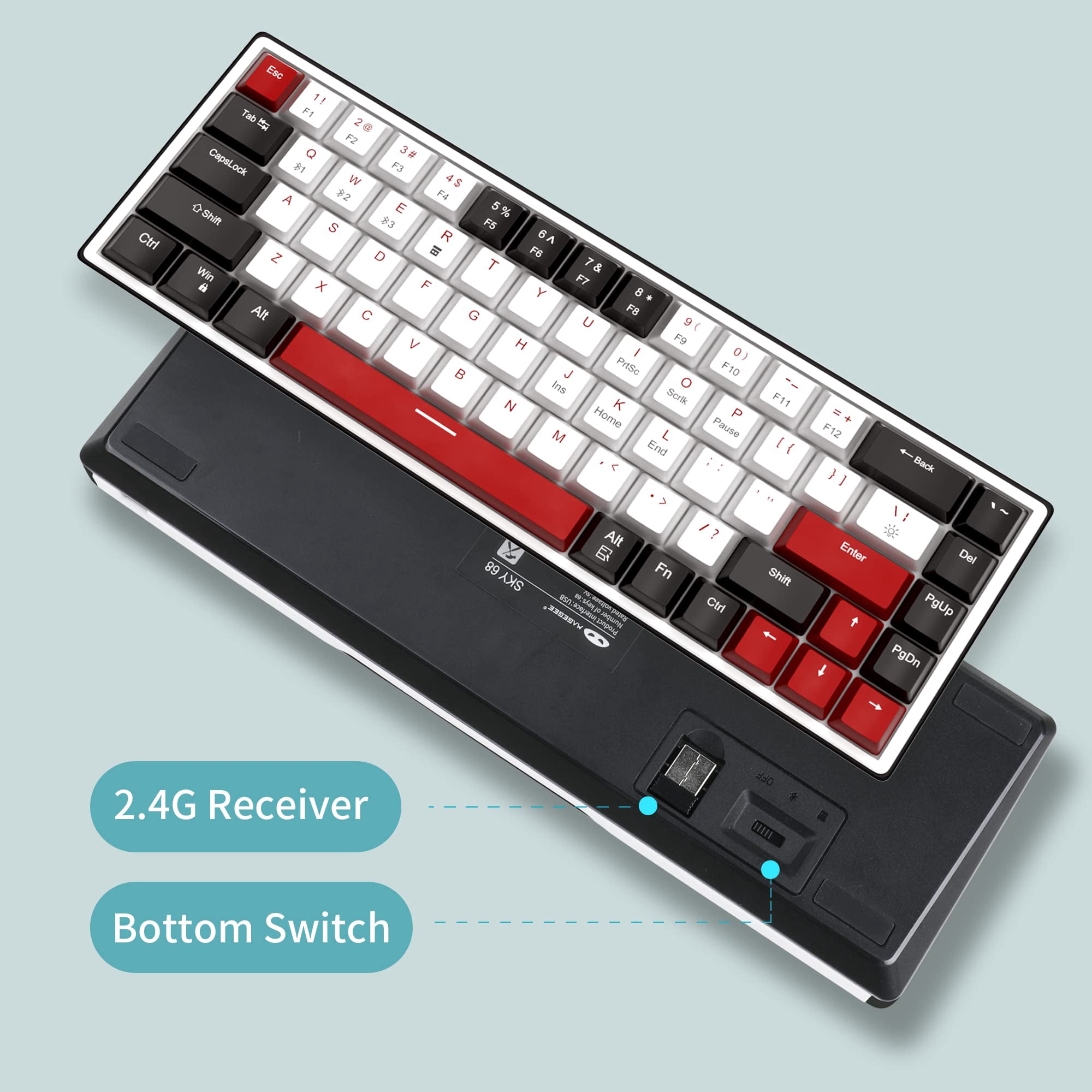 MageGee 60% Wireless Mechanical Gaming Keyboard, 68 Keys Compact RGB Backlit Gaming Keyboard, Wired/Wireless 3-Mode (Red Switch, Black & White)