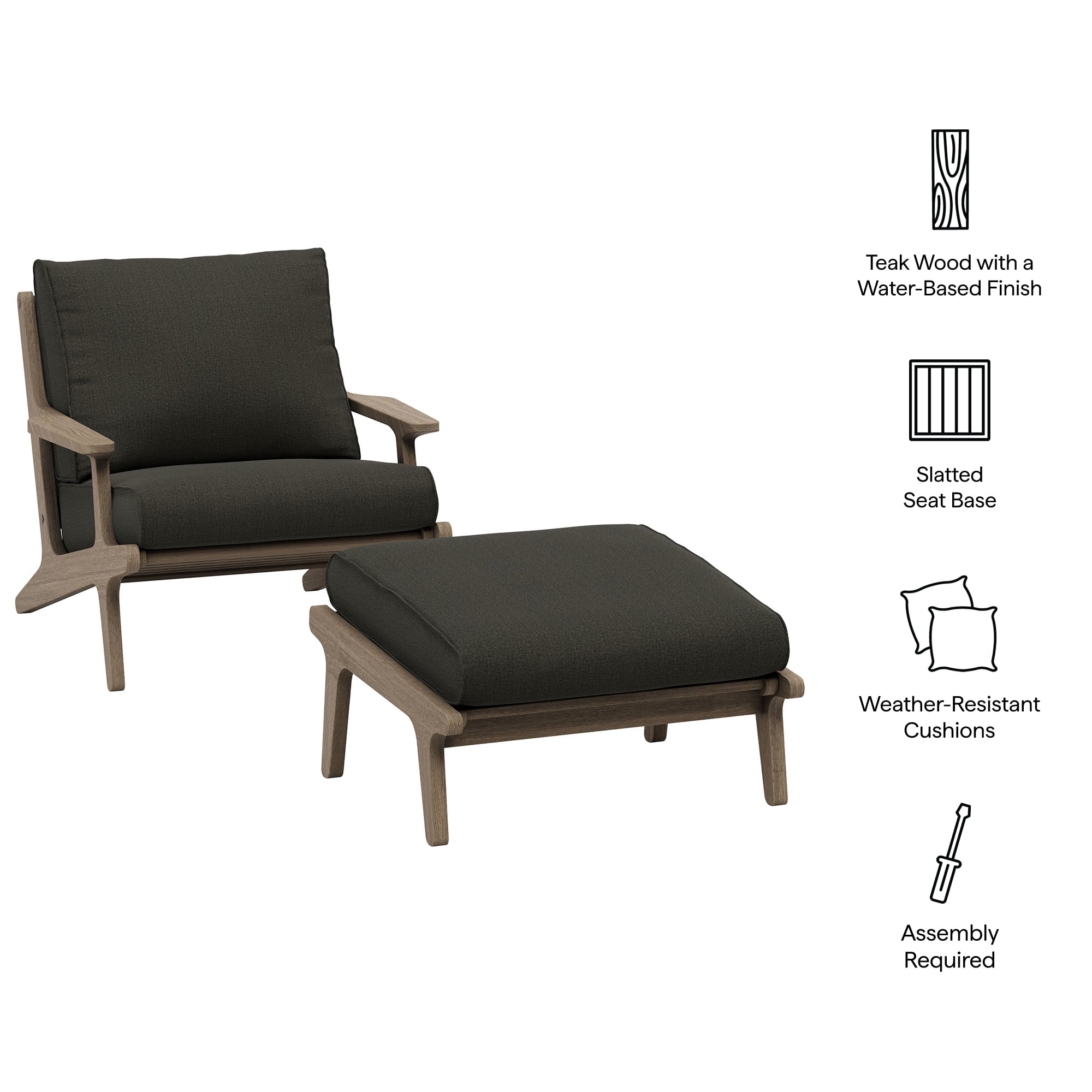 Saratoga Outdoor Teak Wood Chair and Ottoman Set in Weathered Gray Flint