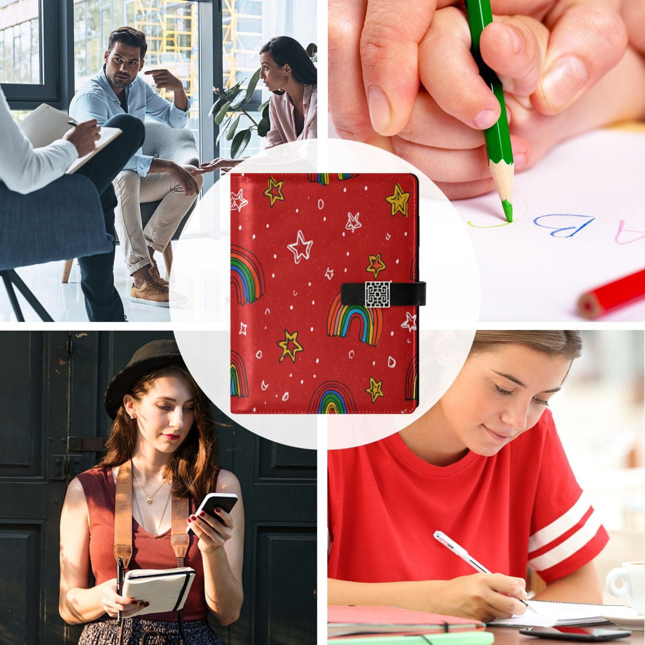 Leather Planner Leather Notebook Notebook Journal Binder Design Pen Pocket Design Convenient for Storage Cartoon Red Rainbow