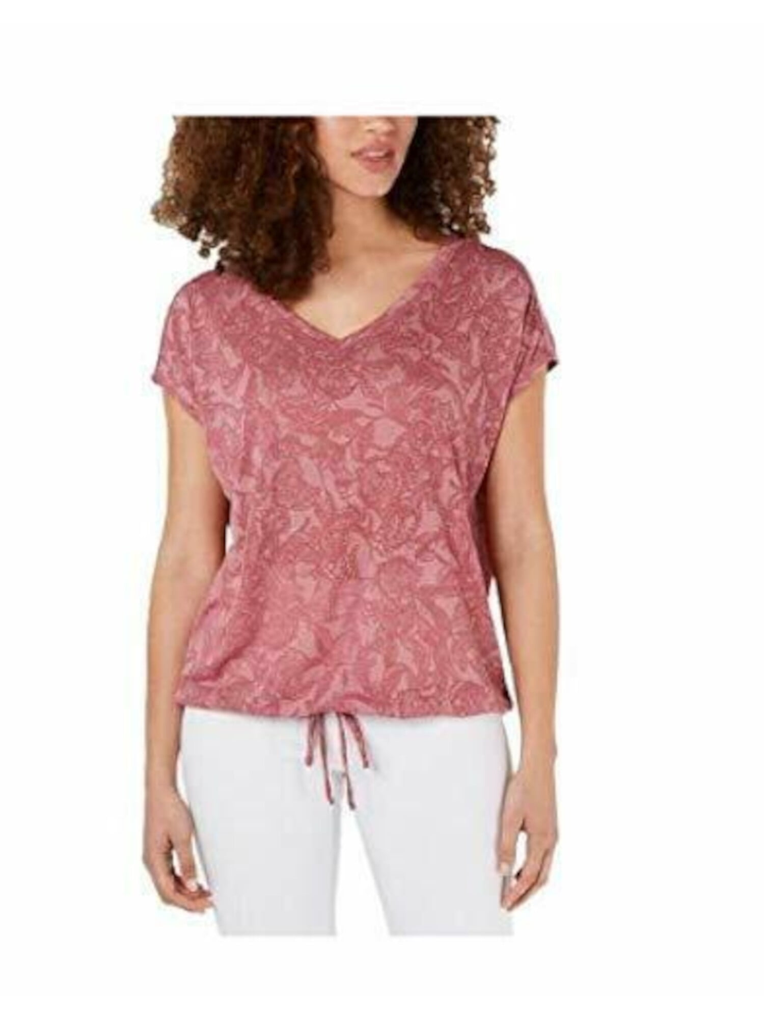 IDEOLOGY Womens Pink Printed Short Sleeve V Neck T-Shirt Size: XS