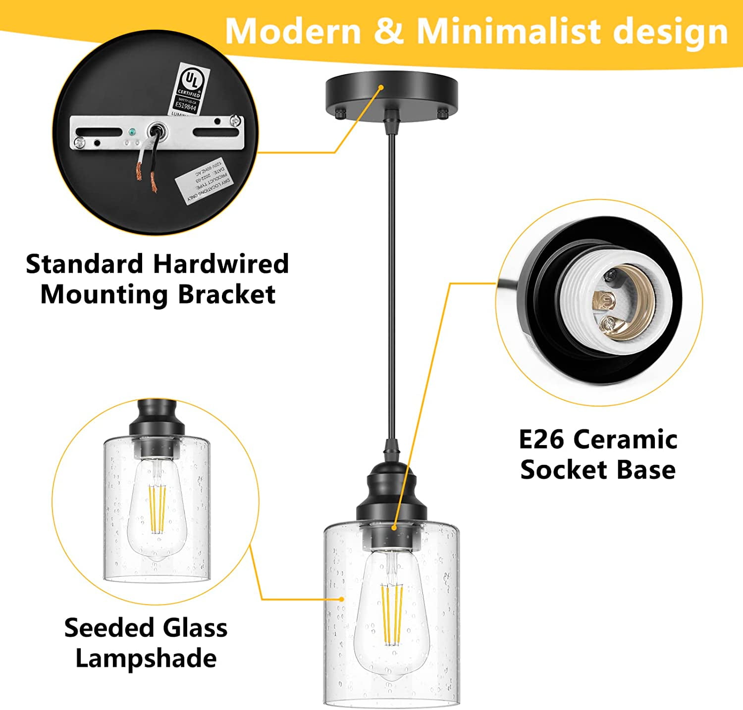 Pendant Lighting 3-Pack Ceiling Lights Hanging Cord Lamp Black Pendant Lights Fixtures for Kitchen Island Dining Room with Glass Shade, Without Bulbs