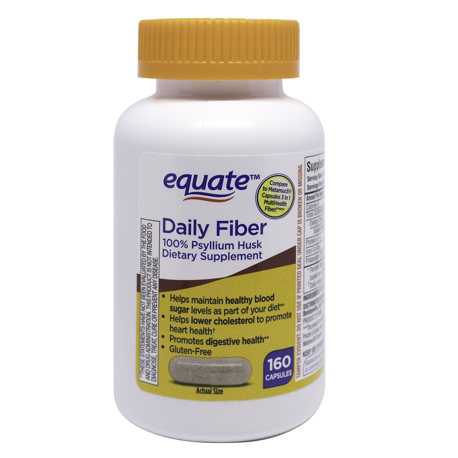 Equate Daily Fiber, 100 Psyllium Husk Dietary Supplement Capsules, 160
