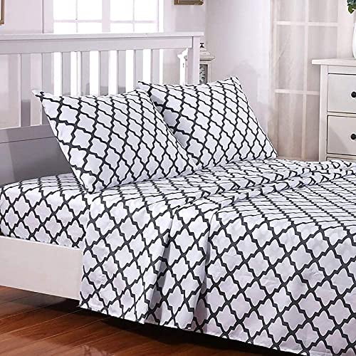 Lux Decor Collection King Bed Sheets Set -King Sheets Brushed Microfiber 1800 Thread Count Bedding -Wrinkle, Stain, Fade Resistant -Deep Pocket King Size Sheets Set -4 PC(King, Quatrefoil White)