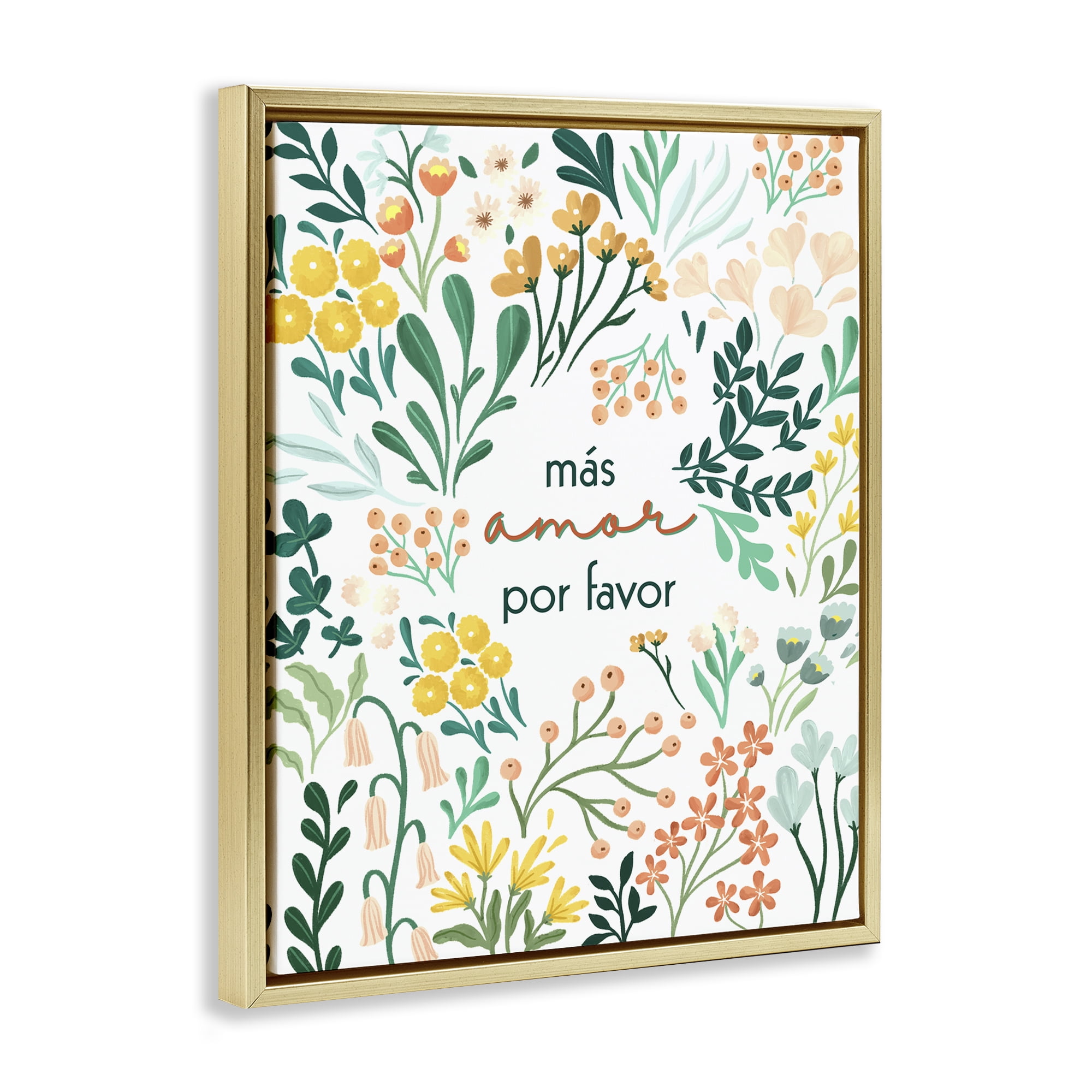 Stupell Industries Más Amor Por Favor Flores Inspirational Quotes & Sayings Painting Gold Floater Framed Art Print Wall Art, 25 x 31