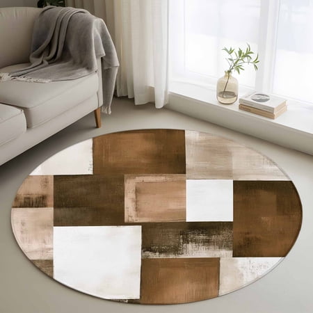Round Area Rug 3ft Shabby Abstract Brown Color Block Non-Shedding Washable Area Rug Modern Rustic Geometric Non Slip Low-Profile Circle Rugs for Living Room Bedroom Dining Room
