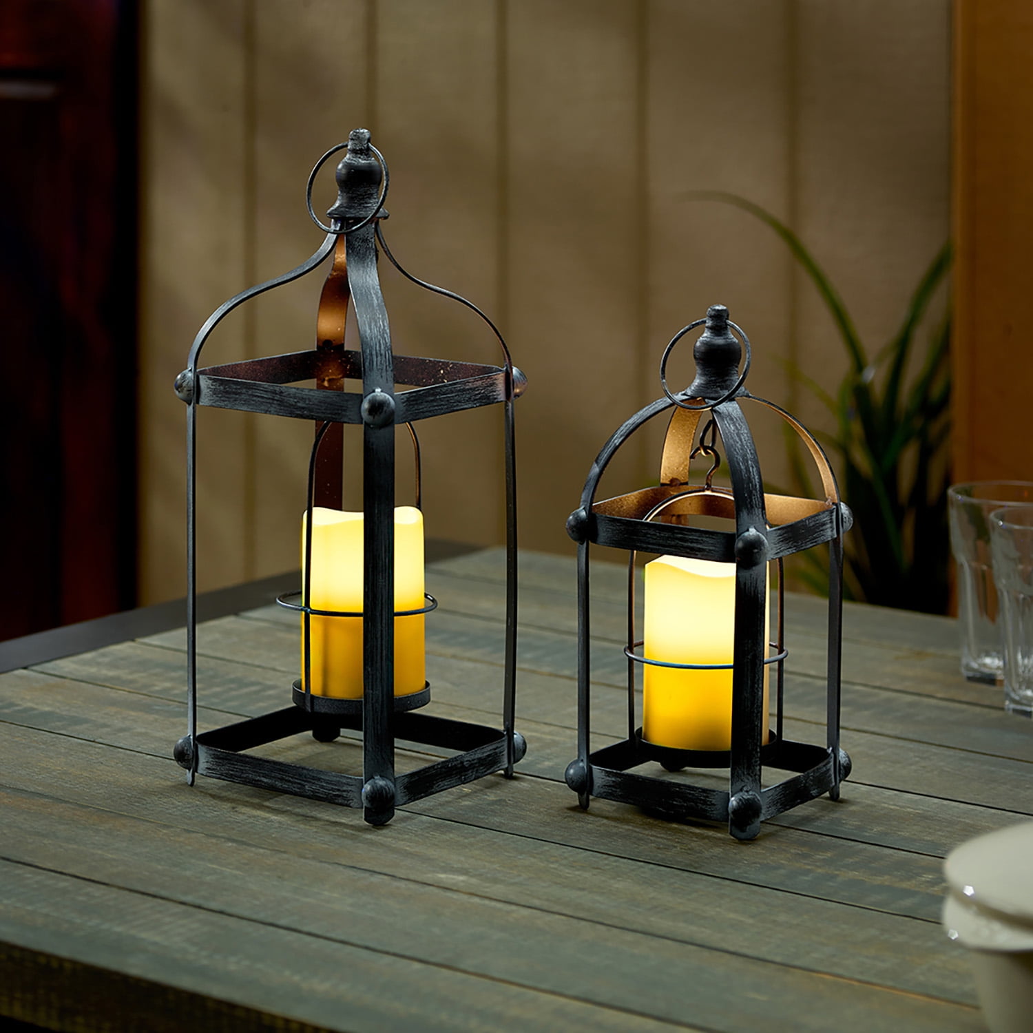 Richland Black Contemporary Metal Lantern with Clear Glasses 